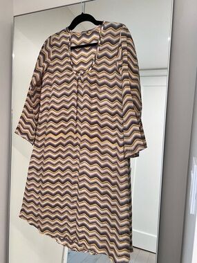 100% Silk Wavy Chevron Tunic Dress in yellow , Cream & Grey
